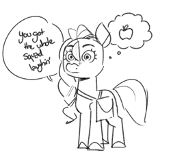 Size: 786x721 | Tagged: safe, artist:kyssimmee, sunny starscout, earth pony, pony, g5, apple, bag, bow, dialogue, food, hair bow, satchel, sketch, solo, thought bubble, wide eyes