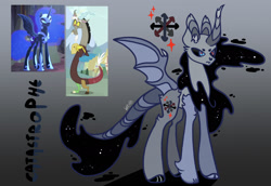 Size: 2388x1639 | Tagged: safe, artist:caramelbolt24, discord, nightmare moon, oc, oc:catastrophe, alicorn, draconequus, pony, g4, chaos undivided, cloven hooves, crack ship offspring, ear fluff, ethereal mane, female, frown, gradient background, helmet, heterochromia, hoof shoes, horn, interspecies offspring, male, mare, offspring, parent:discord, parent:nightmare moon, screencap reference, signature, starry mane