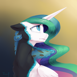Size: 2480x2480 | Tagged: safe, artist:770418gyygy, princess celestia, oc, oc only, oc:alternia, alicorn, changeling, changeling queen, pony, unicorn, g4, disguise, disguised changeling, ethereal mane, fanfic art, female, floppy ears, gradient background, high res, mare, solo, sternocleidomastoid