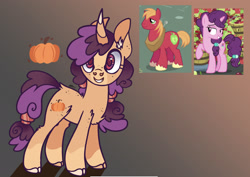 Size: 2323x1647 | Tagged: safe, artist:caramelbolt24, edit, screencap, big macintosh, sugar belle, oc, oc:pumpkin apple core, earth pony, pony, unicorn, g4, abstract background, ear fluff, female, grin, horn, horse collar, male, mare, offspring, parent:big macintosh, parent:sugar belle, parents:sugarmac, raised hoof, screencap reference, signature, smiling, stallion, unicorn oc, unshorn fetlocks