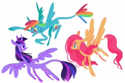 Size: 2048x1364 | Tagged: safe, artist:astroeden, fluttershy, rainbow dash, twilight sparkle, alicorn, pegasus, pony, g4, female, flying, leonine tail, looking at each other, open mouth, pointing, simple background, smiling, spread wings, trio, trio female, twilight sparkle (alicorn), white background, wings