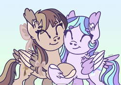 Size: 2388x1668 | Tagged: safe, artist:caramelbolt24, oc, oc only, oc:ginger star, oc:rain sparkle, pegasus, pony, base used, bow, duo, ear fluff, eyelashes, eyes closed, female, hair bow, half-siblings, hug, magical lesbian spawn, offspring, parent:applejack, parent:rainbow dash, parent:twilight sparkle, parents:twidash, parents:twijack, pegasus oc, raised hoof, siblings, signature, simple background, sisters, smiling, two toned wings, wings