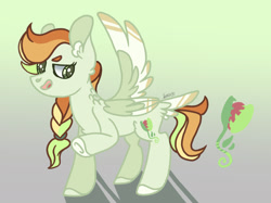 Size: 2174x1628 | Tagged: safe, artist:caramelbolt24, oc, oc only, pegasus, pony, braid, colored hooves, ear fluff, female, gradient background, magical lesbian spawn, mare, offspring, open mouth, parent:applejack, parent:rainbow dash, parents:appledash, pegasus oc, signature, solo, two toned wings, underhoof, wings