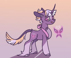 Size: 2014x1641 | Tagged: safe, artist:caramelbolt24, oc, oc only, butterfly, classical unicorn, pony, unicorn, clothes, cloven hooves, ear fluff, gradient background, hoof on chest, horn, leonine tail, magical lesbian spawn, male, offspring, open mouth, parent:fluttershy, parent:twilight sparkle, parents:twishy, scarf, signature, solo, stallion, unicorn oc, unshorn fetlocks