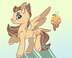 Size: 2042x1639 | Tagged: safe, artist:caramelbolt24, oc, oc only, pegasus, pony, apple, chest fluff, ear fluff, food, gradient background, grin, magical lesbian spawn, male, offspring, parent:applejack, parent:fluttershy, parents:appleshy, pegasus oc, raised hoof, signature, smiling, solo, stallion, two toned wings, unshorn fetlocks, wings
