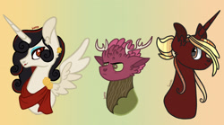 Size: 2388x1329 | Tagged: safe, artist:caramelbolt24, oc, oc only, alicorn, deer, pony, unicorn, abstract background, alicorn oc, antlers, bust, clothes, ear fluff, ear piercing, earring, frown, horn, jewelry, makeup, piercing, scarf, signature, smiling, unicorn oc, wings