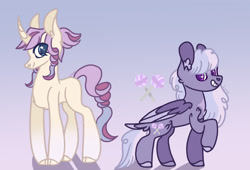 Size: 2388x1621 | Tagged: safe, artist:caramelbolt24, oc, oc only, pegasus, pony, unicorn, colored hooves, duo, ear fluff, gradient background, grin, horn, magical lesbian spawn, offspring, parent:fluttershy, parent:pinkie pie, parent:rarity, parent:twilight sparkle, parents:flarity, parents:twinkie, pegasus oc, raised hoof, signature, smiling, two toned wings, unicorn oc, wings