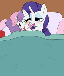 Size: 3199x3799 | Tagged: safe, artist:whiskeypanda, part of a set, rarity, sweetie belle, pony, unicorn, g4, bed, bedroom eyes, bedsheets, blushing, clothes, cuddling, female, filly, high res, implied foalcon, implied incest, implied sex, incest, lesbian, lidded eyes, mare, on bed, open mouth, pillow, raricest, ship:raribelle, shipping, siblings, spooning, under the covers