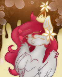 Size: 1386x1725 | Tagged: safe, artist:synthsparkle, oc, oc only, oc:tiny jasmini, pegasus, pony, alternate hairstyle, cute, female, flower, flower in hair, food, happy birthday, hat, ocbetes, party hat, pudding, solo, tinyjabetes, wings