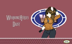 Size: 1920x1200 | Tagged: safe, artist:solar wishbone studios, oc, oc only, oc:daisy pumpkin, pegasus, anthro, clothes, fingerless gloves, gloves, hoodie, pants, ponytail, solo, symbol, wallpaper, wishbone heroes