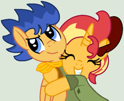 Size: 565x463 | Tagged: safe, artist:jadeharmony, flash sentry, sunset shimmer, pegasus, pony, unicorn, g4, camp camp, clothes, crossover, david (camp camp), eyes closed, female, gray background, grin, gwen (camp camp), gwenvid, hat, hug, male, mare, rooster teeth, ship:flashimmer, shipping, shirt, simple background, smiling, stallion, straight, t-shirt, vest