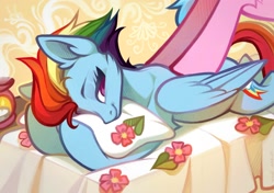 Size: 2000x1407 | Tagged: safe, artist:rrd-artist, aloe, rainbow dash, earth pony, pegasus, pony, g4, alternate hairstyle, candle, cute, dashabetes, ear fluff, female, female focus, flower, mare, massage, pillow, relaxing, sheet, solo focus, spa