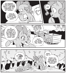 Size: 692x769 | Tagged: safe, pinkie pie, earth pony, pony, g4, my little pony: the manga, my little pony: the manga volume 2, apple, burp, butt, cart, comic, eating, female, food, food baby, lying down, manga, mare, monochrome, on back, pinkie being pinkie, plot, regret, round belly, stuffed, stuffed belly, stuffing, this will end in weight gain, tongue out, tree