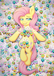 Size: 950x1344 | Tagged: safe, artist:littlehybridshila, fluttershy, parasprite, pegasus, pony, g4, swarm of the century, american beauty, bedroom eyes, female, folded wings, lidded eyes, looking at you, lying down, mare, on back, parasprite bikini, parody, poster parody, smiling, solo, wings