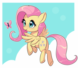 Size: 970x845 | Tagged: safe, artist:faeriebottle, fluttershy, butterfly, pegasus, pony, blushing, cloud, cute, daaaaaaaaaaaw, female, flying, head turned, looking at something, mare, open mouth, outline, redraw, shyabetes, sky, sky background, smiling, solo, spread wings, white outline, wings