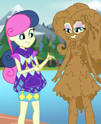 Size: 500x610 | Tagged: safe, artist:amateur-draw, edit, edited screencap, screencap, bon bon, fluttershy, sweetie drops, equestria girls, g4, my little pony equestria girls: legend of everfree, clothes, covered in mud, dress, mud, mud bath, mud edit, show accurate, wet and messy