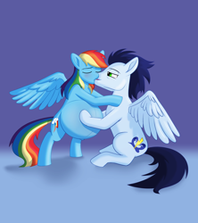 Size: 2932x3300 | Tagged: safe, artist:parturient, rainbow dash, soarin', pegasus, pony, g4, belly, belly button, big belly, blushing, duo, eyes closed, female, high res, kissing, male, male and female, mare, mare and stallion, momma dash, outie belly button, preggo dash, pregnant, ship:soarindash, shipping, simple background, spread wings, stallion, straight, wings