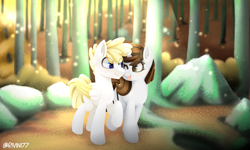 Size: 4000x2400 | Tagged: safe, artist:rivin177, oc, oc only, oc:brittneigh ackermane, oc:john kenza, firefly (insect), insect, pegasus, pony, unicorn, autumn, bush, couple, forest, relationship, rock, solo, stone, tree