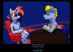 Size: 4961x3508 | Tagged: safe, artist:mekblue, oc, oc:darkle, oc:mechanical star, pegasus, pony, unicorn, horn, meme, pegasus oc, unicorn oc, why are you gay?