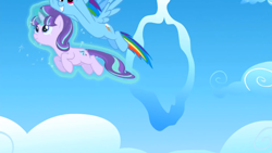 Size: 1366x768 | Tagged: safe, screencap, rainbow dash, starlight glimmer, pegasus, pony, unicorn, g4, season 5, the cutie re-mark, female, levitation, magic, self-levitation, telekinesis