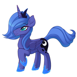 Size: 1638x1638 | Tagged: safe, artist:ravenirik, princess luna, alicorn, pony, g4, female, folded wings, hair over one eye, hoof shoes, jewelry, mare, raised hoof, s1 luna, simple background, solo, standing, three quarter view, tiara, transparent background, wings