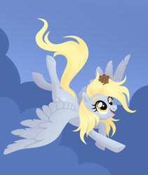 Size: 1024x1214 | Tagged: safe, artist:kabuvee, derpy hooves, pegasus, pony, g4, female, flying, food, mare, muffin, on head, open mouth, sitting on head, sky background, smiling, solo, spread wings, three quarter view, wings