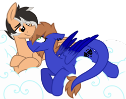 Size: 812x640 | Tagged: safe, artist:froyo15sugarblast, oc, oc:airin sparkle, oc:hearty felt, original species, pegasus, pony, airifelt, base used, cloud, ear piercing, gay, looking at each other, lying on a cloud, male, oc x oc, piercing, rule 63, shipping, simple background, trans male, transgender, transparent background, winged lion pegasus