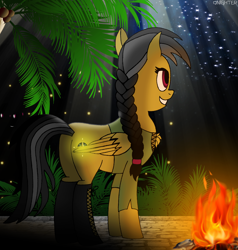 Size: 2448x2568 | Tagged: safe, artist:qnighter, daring do, rainbow dash, firefly (insect), insect, pegasus, pony, g4, boots, braid, bush, butt, campfire, cave, clothes, eyes on the prize, female, fire, glowing cutie mark, high res, magic, mare, plot, shirt, shoes, stars, tree
