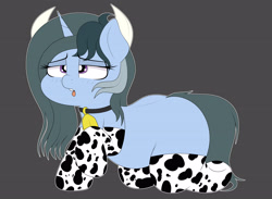 Size: 4000x2934 | Tagged: safe, artist:blitzyflair, oc, oc only, oc:blitzy flair, pony, unicorn, bell, bell collar, black background, chubby, clothes, collar, cow horns, cowbell, cowprint, female, gloves, kneeling, lidded eyes, long gloves, mare, open mouth, plump, raised hoof, simple background, solo, stockings, thigh highs, tongue out