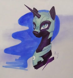 Size: 2448x2612 | Tagged: safe, artist:770418gyygy, nightmare moon, alicorn, pony, g4, armor, bust, female, helmet, high res, looking at you, mare, marker drawing, peytral, portrait, slender, slit pupils, solo, thin, three quarter view, traditional art