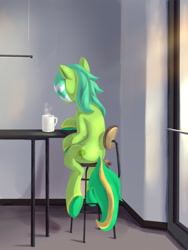 Size: 768x1024 | Tagged: safe, artist:770418gyygy, oc, oc only, oc:spirit heart, earth pony, pony, chair, coffee, coffee mug, facing away, mug, sad, sitting, solo, table