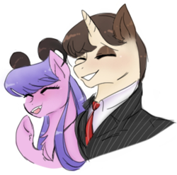 Size: 1080x1068 | Tagged: safe, oc, oc only, oc:candice (succupony), oc:phantom lotus, pony, succubus, succubus pony, unicorn, bust, clothes, female, happy, male, mare, necktie, oc x oc, open mouth, pinstripes, raised leg, shipping, shirt, simple background, smiling, stallion, succubus oc, succupony, traditional art, white background