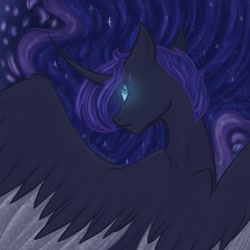 Size: 2048x2048 | Tagged: safe, artist:lunathemoongod, princess luna, alicorn, pony, g4, colored wings, glowing eyes, high res, night, sketch, stars, wings