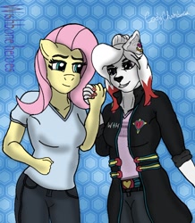 Size: 1000x1147 | Tagged: safe, artist:solar wishbone studios, fluttershy, oc, oc:sarafina, pegasus, wolf, anthro, plantigrade anthro, g4, abstract background, belt buckle, clothes, cute, friendship, hair bun, hexagon, jacket, jewelry, nails, pants, pattern, posing for photo, shading, shirt, straps, symbol, together, wishbone heroes
