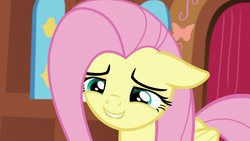Size: 1920x1080 | Tagged: safe, screencap, fluttershy, pegasus, pony, fluttershy leans in, g4, cute, female, floppy ears, lidded eyes, lip bite, mare, shyabetes, smiling, solo