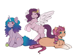 Size: 1600x1198 | Tagged: safe, artist:dinosaphira99, izzy moonbow, pipp petals, sunny starscout, earth pony, pegasus, pony, unicorn, g5, ball, blushing, braid, chest fluff, deviantart watermark, ear fluff, eyes closed, female, izzy's tennis ball, looking at you, mare, obtrusive watermark, raised hoof, simple background, sitting, smiling, spread wings, tennis ball, transparent background, watermark, wings
