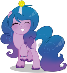 Size: 3026x3283 | Tagged: safe, artist:brushprism, artist:teepew, izzy moonbow, pony, unicorn, g5, ball, bracelet, cute, eyes closed, female, grin, happy pony, high res, horn, horn guard, horn impalement, hornball, izzy's tennis ball, izzybetes, jewelry, mare, pink, raised hoof, simple background, smiling, solo, teeth, tennis ball, transparent background, unshorn fetlocks