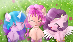 Size: 1750x1006 | Tagged: safe, artist:jadebreeze115, izzy moonbow, pipp petals, sunny starscout, earth pony, pegasus, pony, unicorn, g5, adorapipp, blushing, braid, colored wings, cute, eyelashes, eyes closed, female, flower, gradient wings, grass, grass field, izzybetes, jewelry, lying down, mare, open mouth, raised hoof, smiling, spread wings, sunnybetes, trio, trio female, turned head, unshorn fetlocks, wings