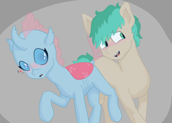 Size: 2800x2000 | Tagged: safe, anonymous artist, ocellus, sandbar, changedling, changeling, earth pony, pony, g4, blushing, female, high res, male, nervous, ship:ocelbar, shipping, simple background, straight