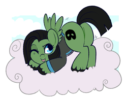 Size: 731x571 | Tagged: safe, artist:lulubell, oc, oc only, oc:slips, pony, ;p, butt, butt shake, cloud, commission, cyan eyes, female, mare, on a cloud, one eye closed, passepartout, solo, standing on a cloud, tongue out, wink