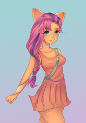 Size: 1226x1748 | Tagged: safe, artist:dzyxchan, sunny starscout, anthro, g5, ambiguous facial structure, badge, bag, braid, breasts, busty sunny starscout, clothes, female, gradient background, skirt, solo