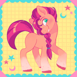 Size: 1800x1800 | Tagged: safe, artist:umbrellamachine, artist:umbrellascribbles, sunny starscout, earth pony, pony, g5, abstract background, blushing, braid, coat markings, crescent, cute, female, grin, heart eyes, mare, moon, smiling, socks (coat markings), solo, stars, sunnybetes, teeth, unshorn fetlocks, wingding eyes