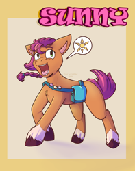 Size: 1206x1528 | Tagged: safe, artist:drjoshfox, sunny starscout, earth pony, pony, g5, abstract background, badge, bag, braid, chest fluff, female, mare, open mouth, solo, sunny's bag, text, unshorn fetlocks