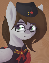 Size: 1700x2200 | Tagged: safe, artist:phi, oc, oc only, oc:stylus pen, pony, equestria at war mod, bust, clothes, glasses, hat, portrait, solo