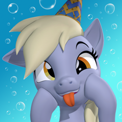 Size: 1060x1060 | Tagged: safe, artist:owlpirate, derpy hooves, pegasus, pony, g4, 3d, bubble, bubble background, cute, derp, derpabetes, derpy day, female, hat, hooves on cheeks, mare, party hat, smiling, solo, source filmmaker, tongue out