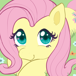 Size: 1000x1000 | Tagged: safe, artist:podiponi, fluttershy, pegasus, pony, g4, close-up, cute, daaaaaaaaaaaw, female, flower, grass, lying down, mare, prone, shyabetes, smiling, solo