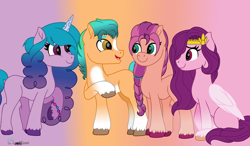 Size: 4350x2540 | Tagged: safe, artist:twinklesentrymlp0809, hitch trailblazer, izzy moonbow, pipp petals, sunny starscout, earth pony, pegasus, pony, unicorn, g5, adorapipp, cute, female, g5 to g4, gradient background, group, high res, hitchbetes, izzybetes, looking at each other, male, mare, open mouth, raised hoof, smiling, stallion, sunnybetes, unshorn fetlocks