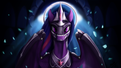 Size: 3840x2160 | Tagged: safe, artist:tenebrisnoctus, twilight sparkle, alicorn, pony, g4, the last problem, armor, backlighting, dark, female, helmet, high res, horn guard (armor), mare, older, older twilight, older twilight sparkle (alicorn), partially open wings, peytral, princess twilight 2.0, solo, sternocleidomastoid, twilight sparkle (alicorn), warrior twilight sparkle, wing armor, wings
