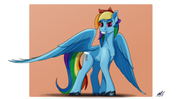 Size: 3840x2160 | Tagged: safe, artist:tenebrisnoctus, rainbow dash, pegasus, pony, g4, concave belly, female, grin, high res, large wings, looking at you, mare, signature, simple background, smiling, solo, sternocleidomastoid, wings