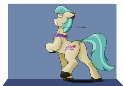 Size: 1071x746 | Tagged: safe, artist:tenebrisnoctus, coco pommel, earth pony, pony, g4, bullet, dodge, ears back, eyes closed, gritted teeth, raised hoof, scared, solo, underhoof